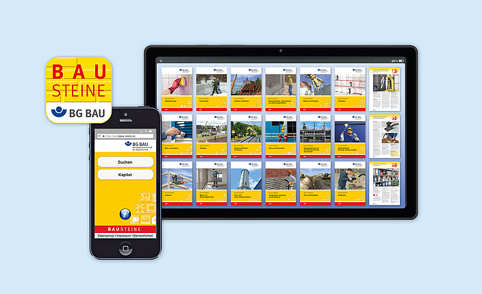 Bausteine-Logo, Handy mit Bausteine-App und Tablet mit mehreren Reihen von Baustein-Merkheften und einigen Einzelbausteinen
    