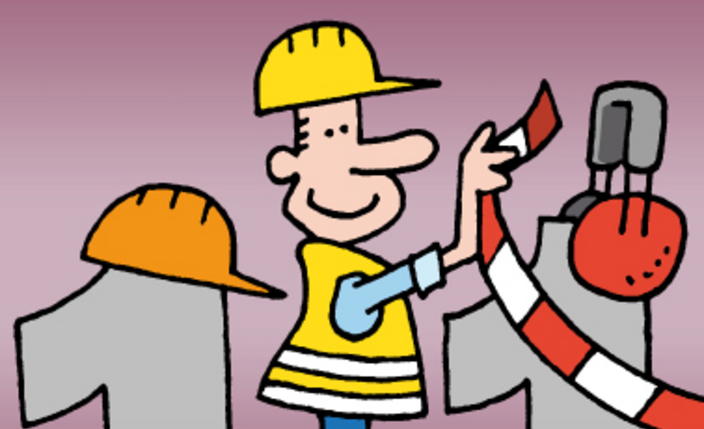 Illustration eines Bauarbeiters, der zwischen zwei Einsen und dem Schriftzug 1 x 1 im Arbeitsschutz, steht.
    