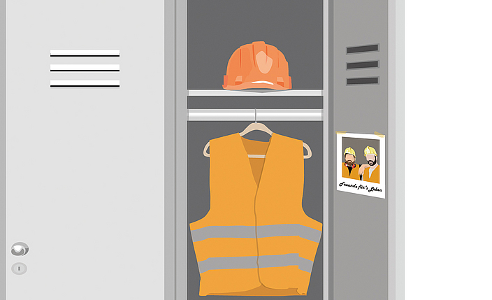 Illustration eines Spints, in dem ein Schutzhelm und eine Warnweste liegt.
    