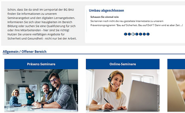 Screenshot der Startseite des Lernportals der BG BAU.
    