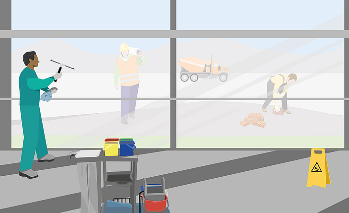 Grafik zeigt Reinigungskraft beim Fenster reinigen.
    