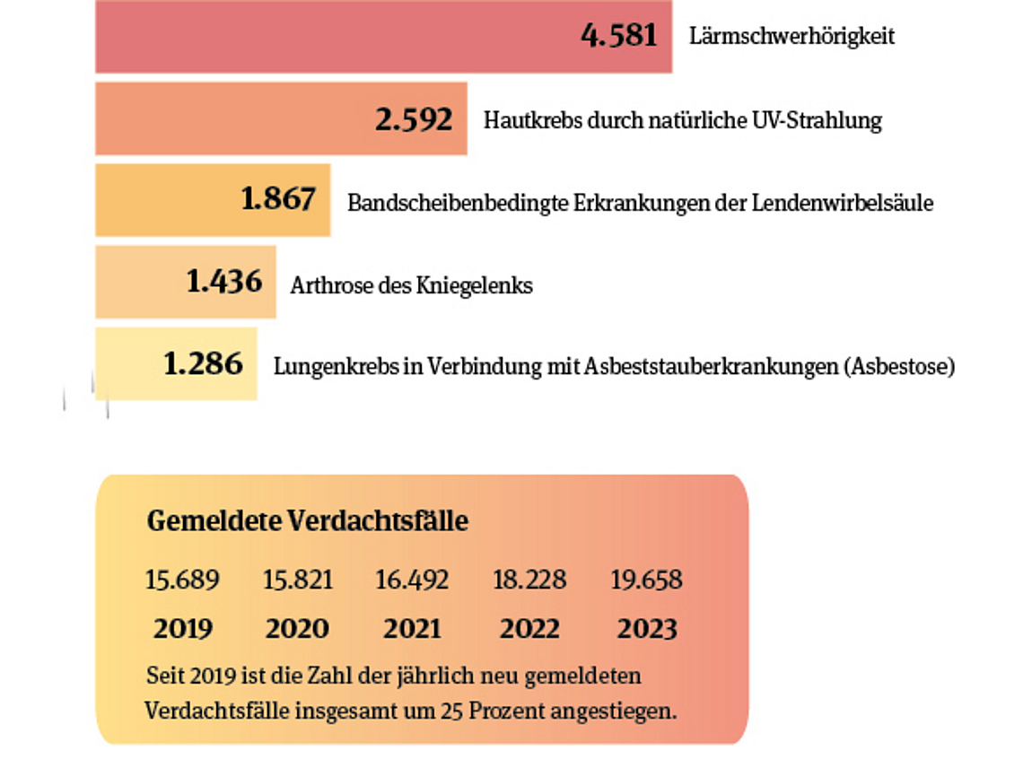 Diagramme, die den Anstieg der gemeldeten Berufskrankheiten aus den Jahren 2019 bis 2023 in der darstellen. Dabei gibt es Zahlen zu den gesamten Meldungen und den meist gemeldeten Berufskrankheiten.
    